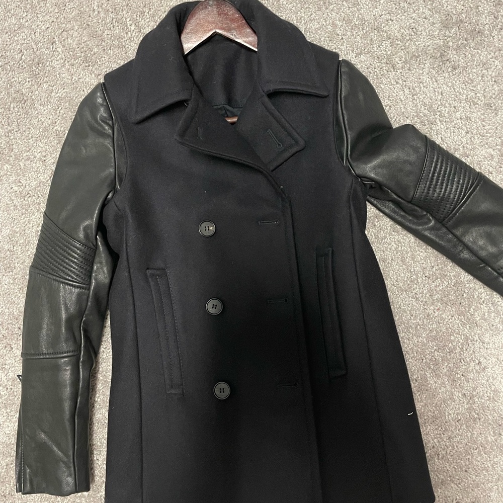 All Saints Black Wool Jacket With Black Leather Sleeves Women's Size 32 US 0
